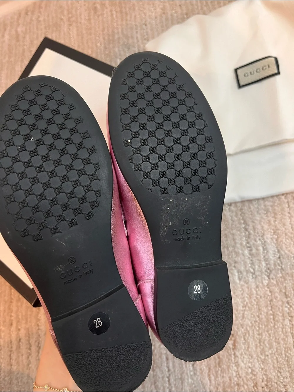 Girls Gucci Metallic Pink Horsebit Loafers with Plaid Lining